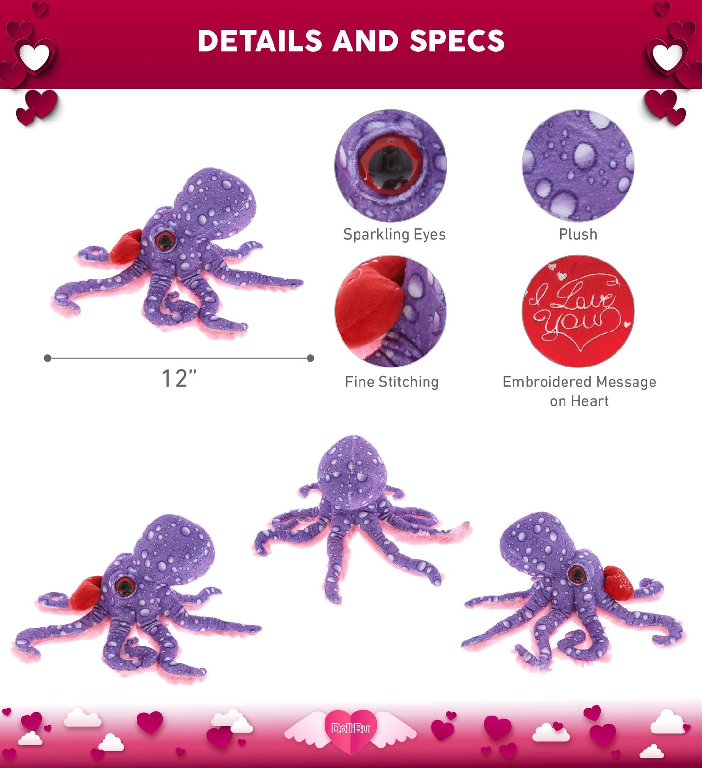 DolliBu I Love You Valentine Plush Purple Octopus - Cute Stuffed Animal with Red Heart and Name Personalization Gift for Valentine's Day, Birthday, Anniversary, Romantic Date - 12 Inches
