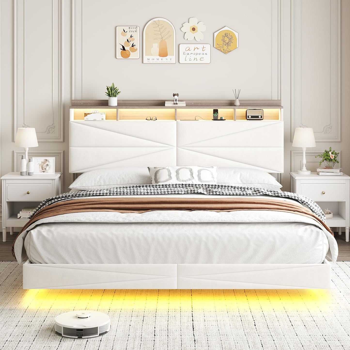 Queen Size Floating Bed Frame with Hidden Storage Headboard, Modern Metal Queen Bed with Charging Station, Upholstered Platform Bed with Shelf and LED Lights, Noise-Free, No Box Spring Needed, White