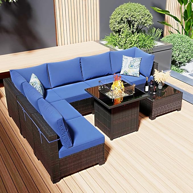 Ophelian 8 Piece Patio Furniture Set with Fire Pit Table, Wicker Outdoor Sectional Furniture, Outside Rattan Patio Couch Sets for Backyard, Garden, Deck (Brown/Blue)