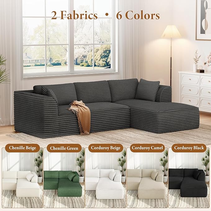 Vesgantti 106" Boneless Couches for Living Room, Deep Seat Cloud Sofa Sectional with Chaise, Corduroy Memory Foam Modular Couch Set, No Assembly Required (Dark Grey, Right-Facing Chaise)
