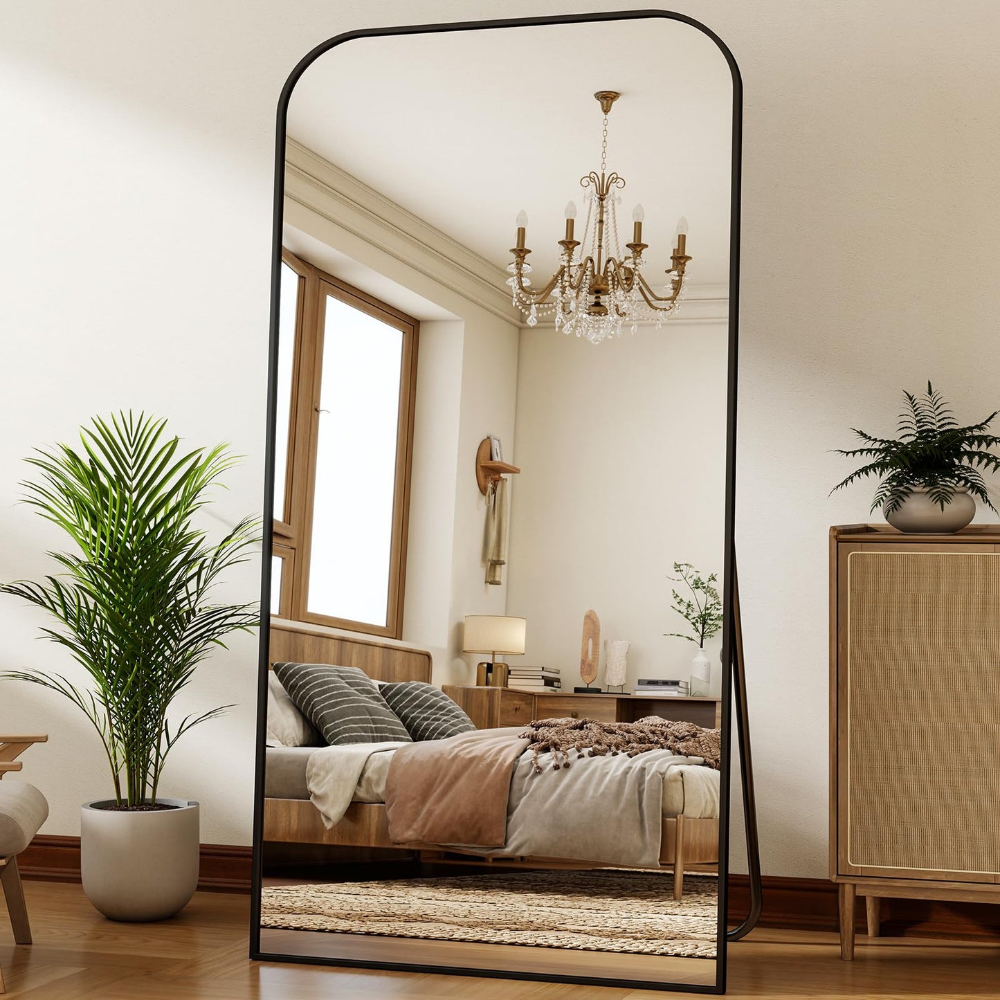 XRAMFY Full Length Mirror - Large Floor Standing & Wall Mountable Full Body Mirror with Sturdy Aluminum Frame, Arched Top Design, Freestanding or Hanging for Bedroom, Living Room, Cloakroom,Black
