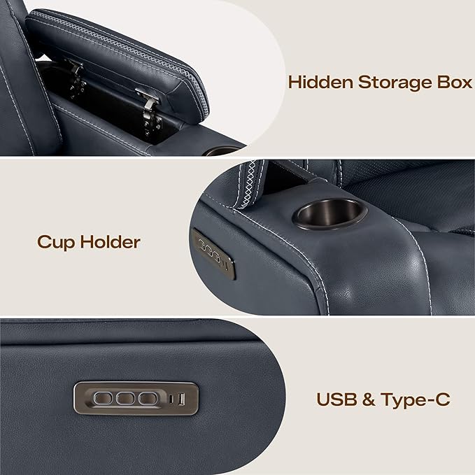 Watson & Whitely Super Zero Gravity Recliner Chair, Oversized Genuine Leather Electric Recliner W Power Adjustable Headrest & Lumbar Support Hidden Storage for Living Room, Navy Blue
