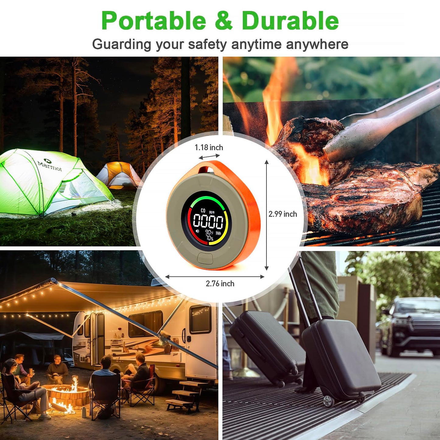 Pildegro 3-in-1 Portable Carbon Monoxide Detector, Professional Rechargeable Real-Time Travel CO Monitor 140HR Standby, Premium Reliable CO Detector with Loud Alarm for Air Safety (Orange/Passion)
