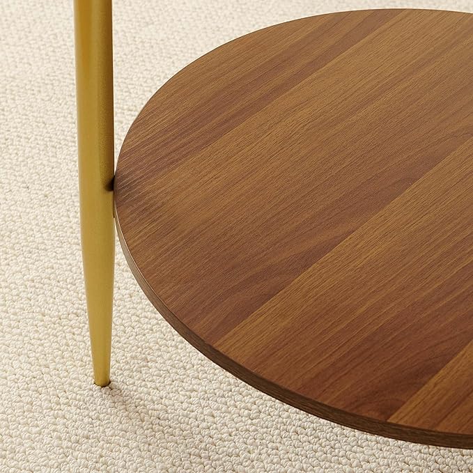 Pine Flicker Round End Table, Mid-Century Modern Design, D20*H23 inch, for Living Room, 2-Tier Structure, Amber Glass Top and Walnut MDF Shelf, Sleek Conical Metal Legs with Gold Finish