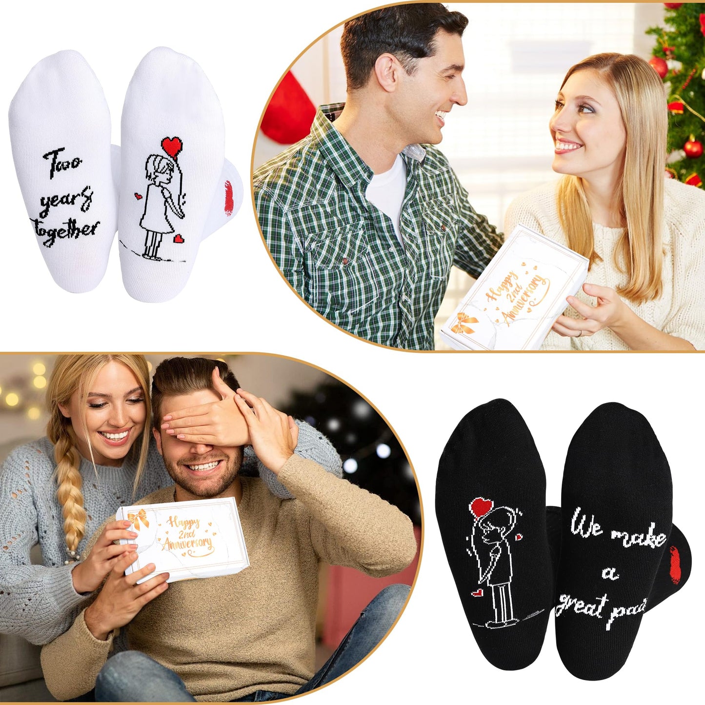 EcoUtens 2nd Anniversary Cotton Gift Set – 2 Pairs of Romantic Cotton Couple Socks with 2 Years Anniversary Card & Gift Box for Couples, Him, Her, Husband, Wife
