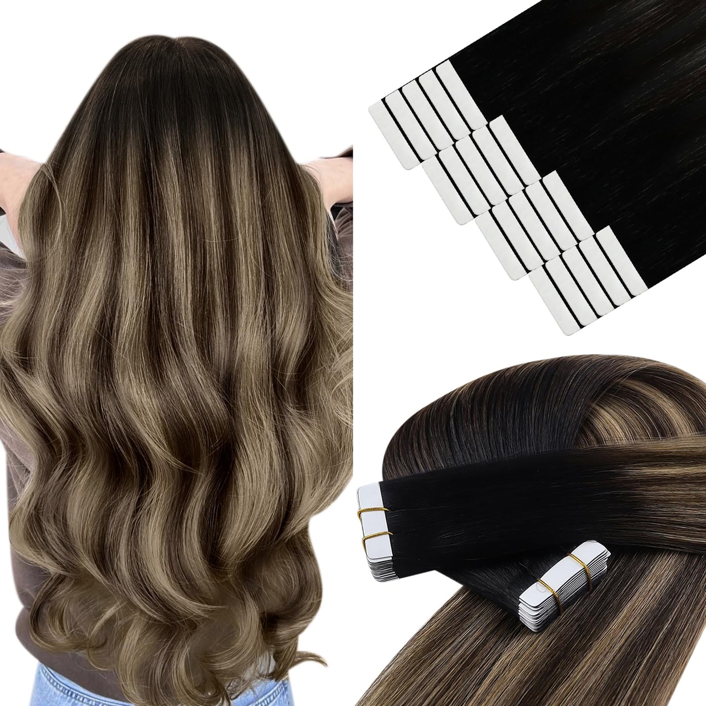YoungSee Human Hair Tape in Extensions Black Balayage Seamless Tape in Hair Extensions Human Hair Black Ombre Brown with Caramel