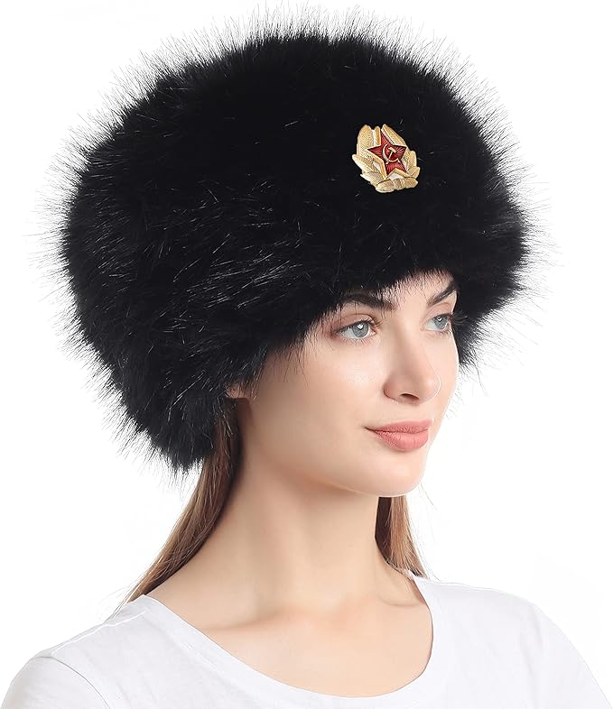 LA CARRIE Women's Faux Fur Hat for Winter with Stretch Cossack Russian Style White Warm Cap