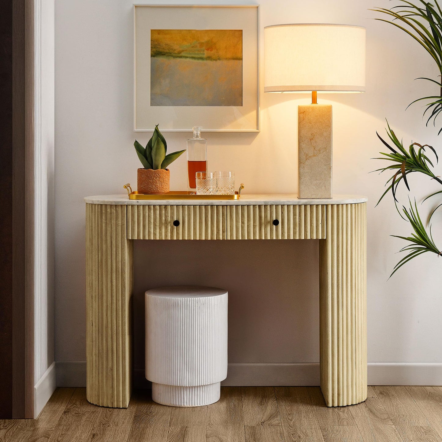 Modway Caldera 42-Inch Curved Solid Wood Fluted Console Table in Natural with Oval Marble Top – Narrow Entryway Table with 2 Drawers