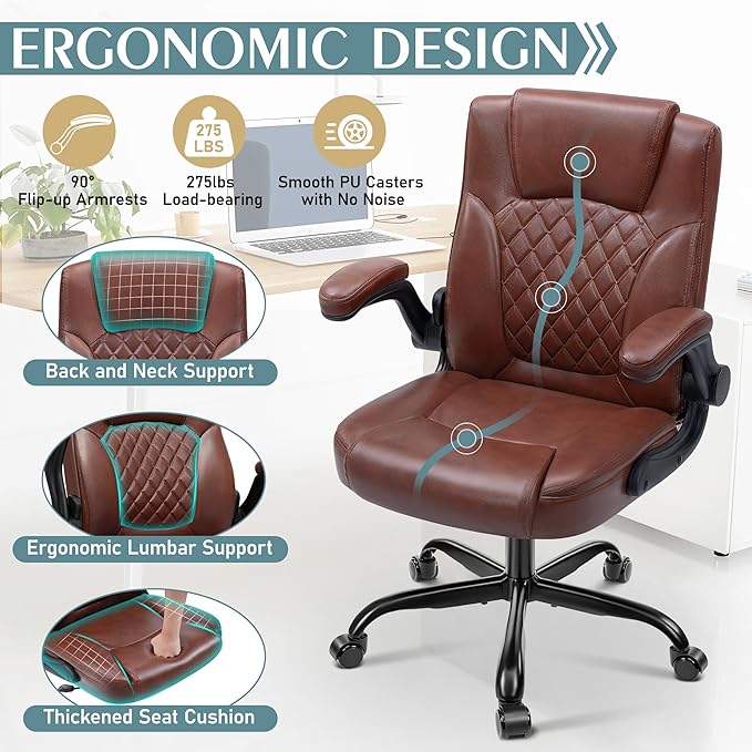 Leather Office Chair, PU Home Computer Desk Chairs with Ergonomic Back Support, 360°Swivel Free, Small Gaming Chair with Wheels and Adjustable Armrests, for Short People Use