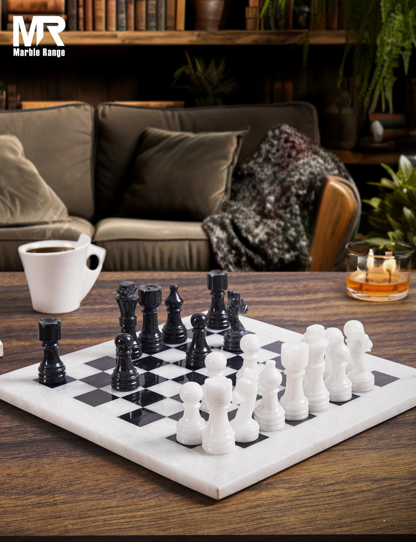 Marble Chess Set for Adults 12" Handmade White & Black Board Game with 32 Chess Pieces, 2 Extra Queens & Storage Box, Luxury Travel Game, Elegant for Home Decor
