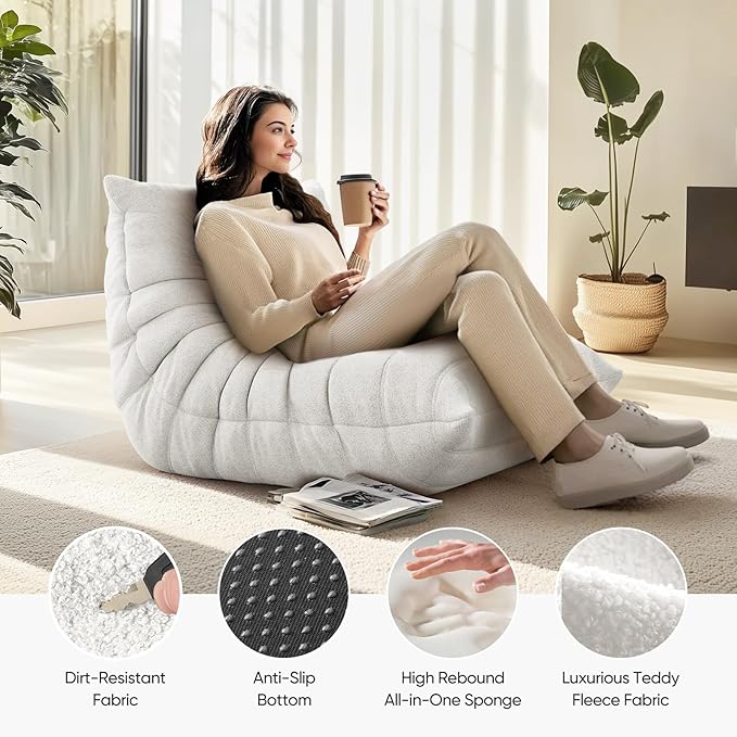 Bean Bag Chair for Adults, Fireside Togo Chair, BeanBag Chairs for Teens with High-Resilience Memory Foam, Non-Slip Base Compressed Floor Lounge Sofa for Living Room, Bedroom, White