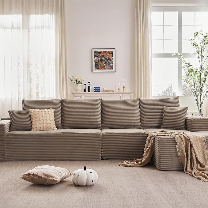 135.4" Cloud Sectional Couch with L-Shape Chaise, Modern Corduroy Boneless Couch for Living Room,Memory Foam Sofa with Deep Seat,No Assembly Required (Camel,Right-Facing Chaise)