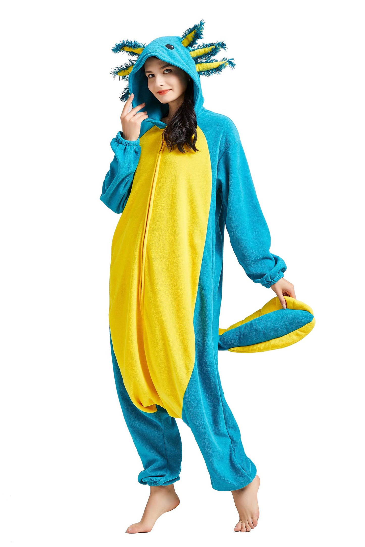 DELEY Unisex Adult Axolotl Onesie Pajamas, Flannel Animal One Piece Costume Sleepwear Halloween Cosplay Homewear Blue Axolotl