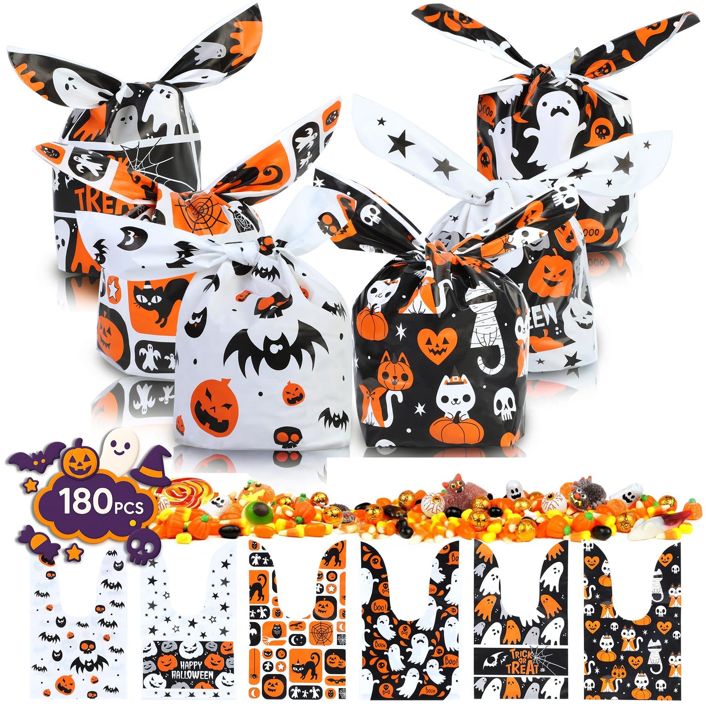 YIHCE Halloween Candy Bags 180 PCS, Cute Rabbit Ear Halloween Treat Bag Bulk, 6 Styles Small Plastic Goodie Bags for Trick or Treat, Pumpkin & Ghost Elements, Party Favor for Party Supplies
