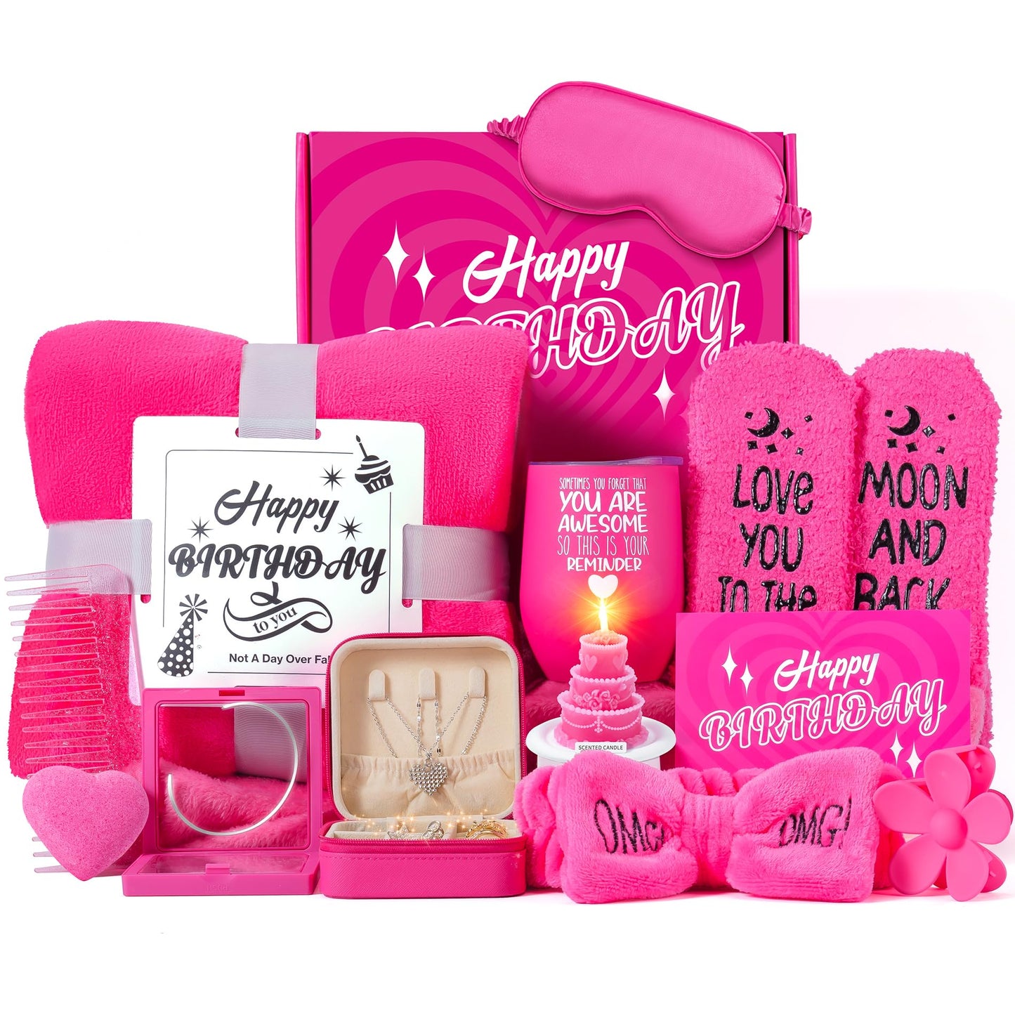 Birthday Gifts for Women, 13PCS Relaxing Care Package for Women, Pink Self Care Gift w Luxury Flannel Blanket, Unique Happy Birthday Gift Idea for Mom Her Best Friend Sister Wife Girlfriend