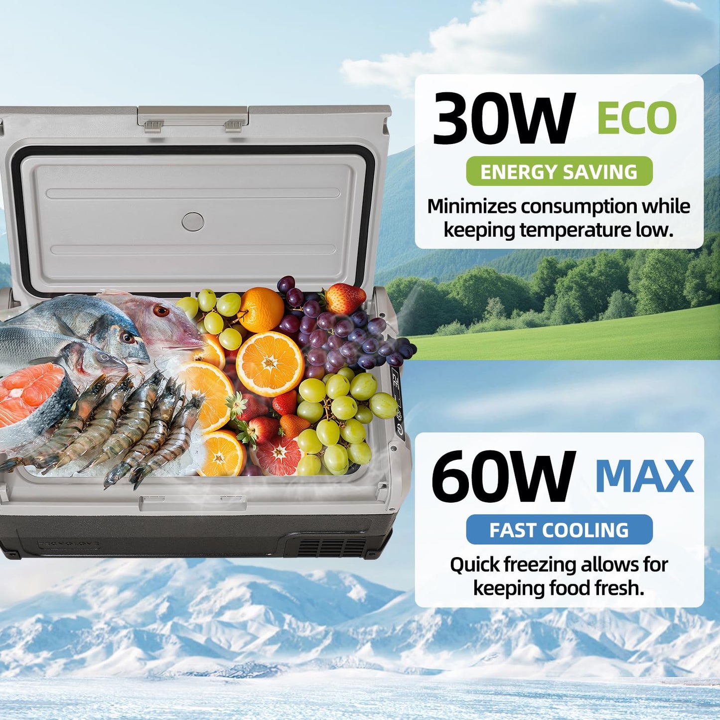 Tecnolove 12V Car Refrigerator,32QT Portable Fridge Freezer with Blow Expansion Evaporator,-4℉~68℉ 12/24V DC & 120-240V AC Freezer Cooler for Truck RV SUV Camping Travel，Reversible Door