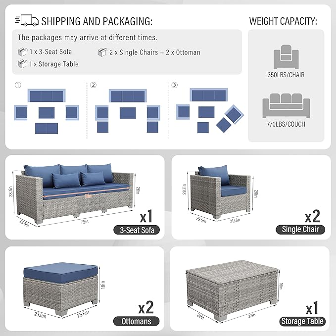 WAROOM Patio Furniture Set 6 Piece Outdoor Patio Set Grey Wicker Balcony Furniture Conversation Sets PE Rattan Couch Sofa with Coffee Table, Blue Cushion