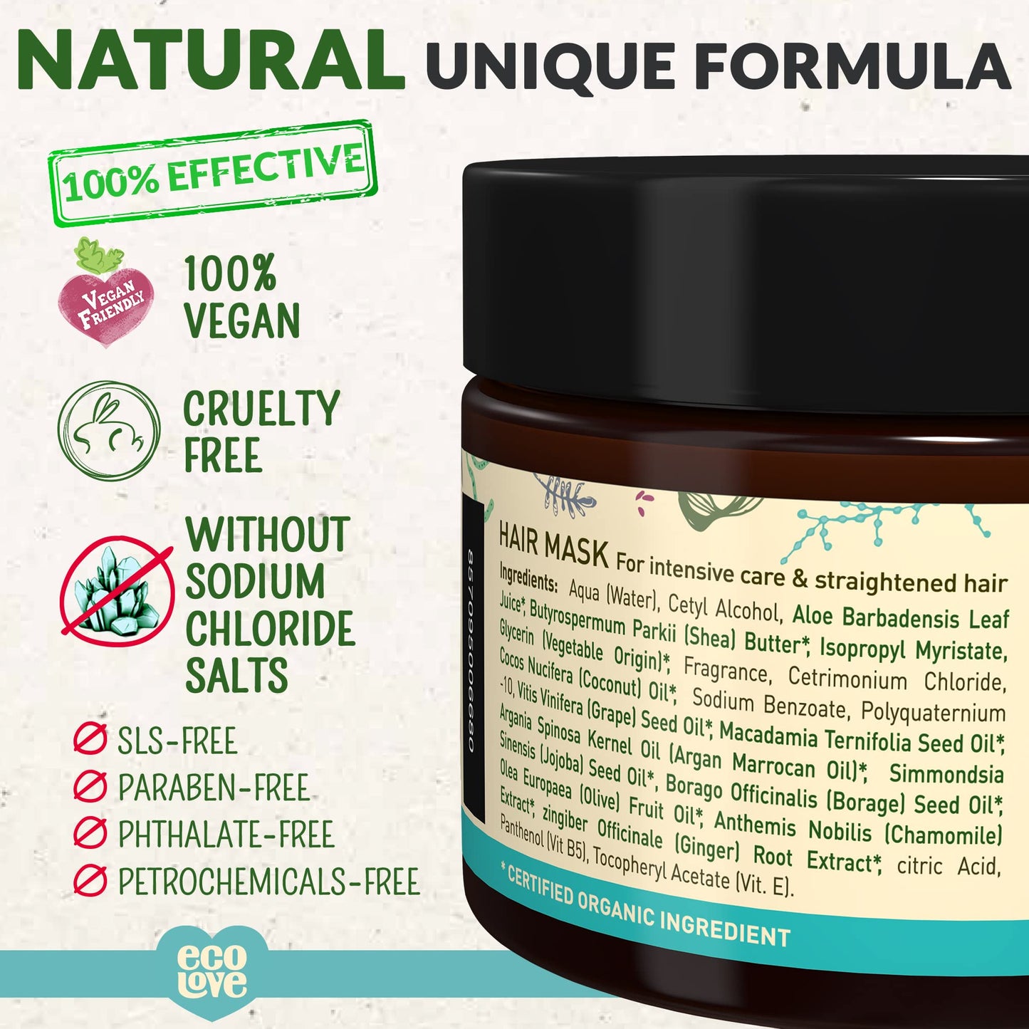 ecoLove Hair Mask, Natural Deep Conditioning, 11.8 oz, Macadamia, Shea Moisture, Argan Oil, No SLS or Parabens Vegan and Cruelty