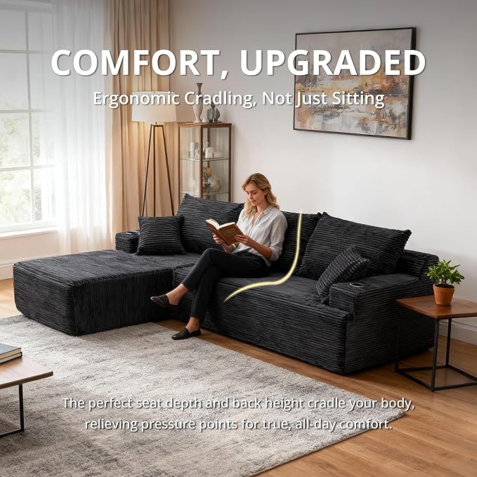 105" Cloud Sectional Couch with L-Shape Chaise, Modular Sectional Sofa with Deep Seat & 2 Cup Holders, Modern Corduroy Boneless Couches for Living Room, No Assembly Required, Left Facing Chaise, Black | Pet Friendly, Flexible Layout