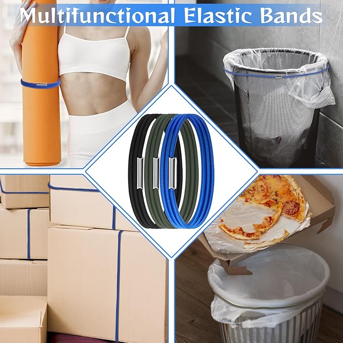 Trash Can Bands, Garbage Can Rubber Bands Heavy-Duty Garbage Bag Holder Elastic Band for 13-96 Gallon Bins, Band to Hold Trash Bags in Place, Set of 3 in Black Blue Green