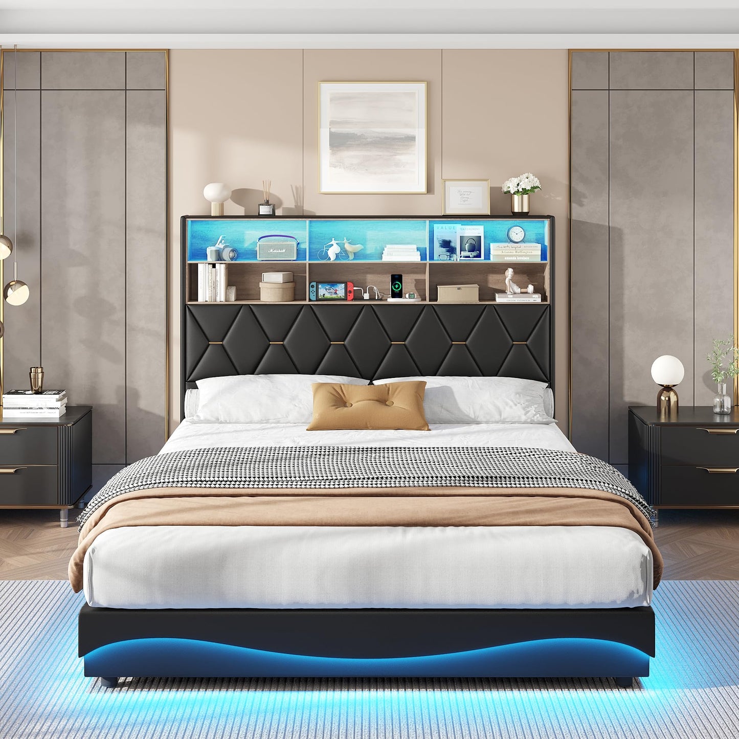 Fameill Queen Size Lift Up Storage Bed Frame, Bookcase Storage Headboard with Charging Station, LED Lights Upholstered Platform Bed, No Box Spring Needed, Noise-Free, Black