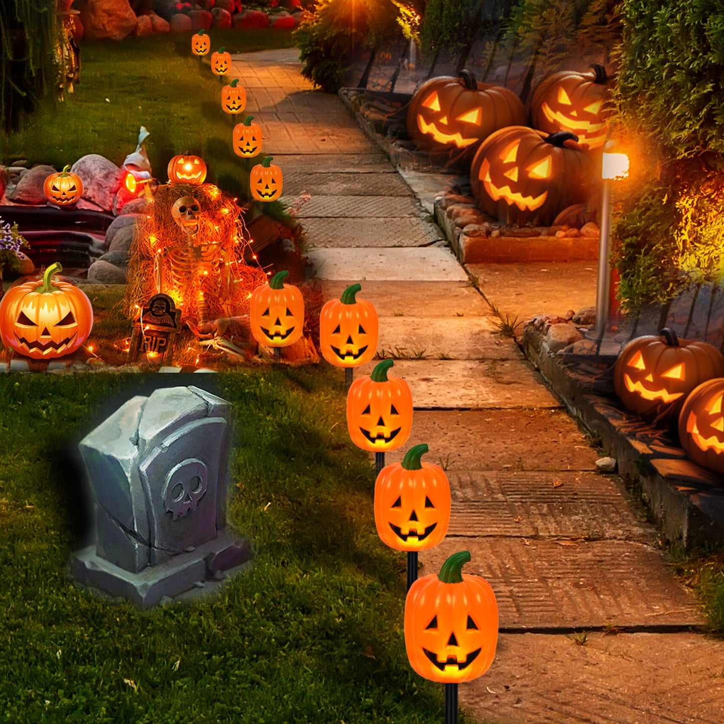 Halloween Pumpkin Stake Lights, Set of 10 Decorative Solar Pumpkin Lights, Waterproof Halloween Decorations for Outdoor Garden and Yard (Pumpkin)