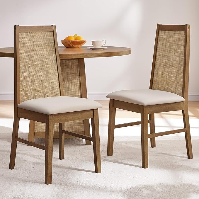 SICOTAS Wood Dining Chairs Set of 6 - Rattan Dining Room Chairs with Solid Wood Leg, Farmhouse Upholstered Kitchen Chairs High Back, Modern Armless Dining Chair for Dining Room, Kitchen, Oak, 6PCS