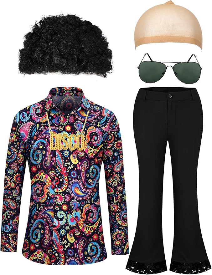 Mepase 6 Pcs Men 70s Disco Costumes Include Retro Shirt Bell Bottom Pants Wig Sunglasses Necklace Wig Cap for Disco Party