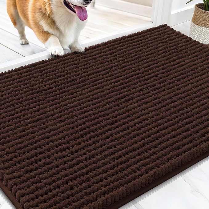 OLANLY Dog Door Mat for Muddy Paws 34x21, Ultra Absorbent Chenille Mud Doormat, Non-Slip Washable and Dirt Trapping Doormat for Indoor Entryway, Quick-Dry Indoor Pet Bed Mats for Dogs, Brown