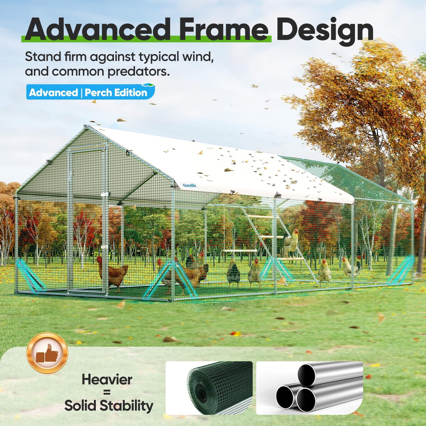 Quictent Large Metal Chicken Coop Run for 30+ Poultry with Metallic Perch, Side Hardware Cloth & Cover, Advanced Series Outdoor Walk-in Cage Hen Duck Rabbit Dog Pen Yard Farm House, 18x9x6.6FT