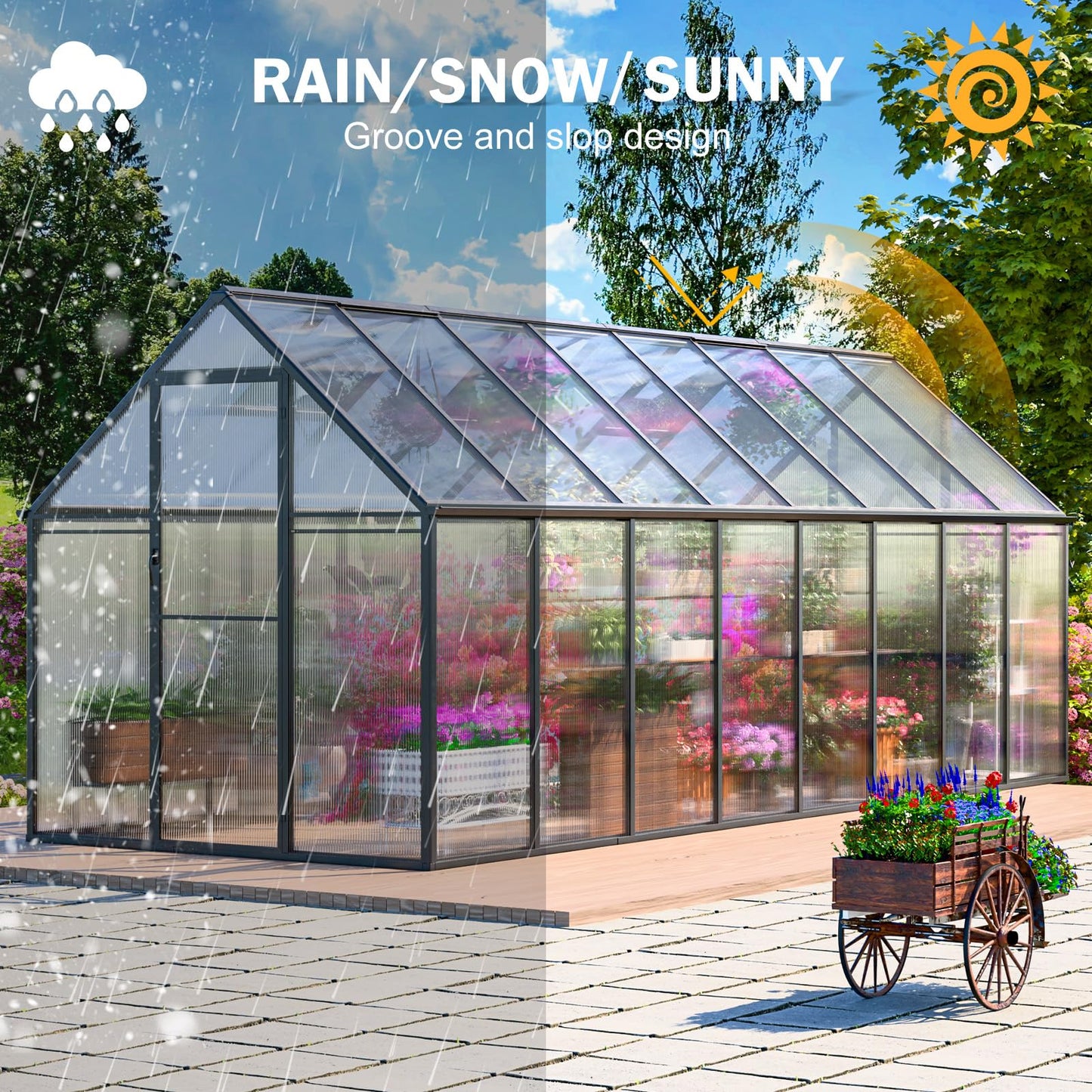 CDCASA 6x16 FT Greenhouse for Outdoors, Large Polycarbonate Greenhouse Aluminum Greenhouses w/Vent Window, Swing Door & Easy Assembly Walk-in Green House for Patio, Backyard, Garden, Black