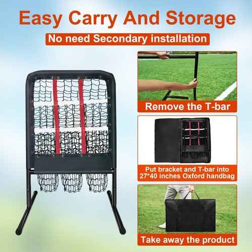 9 Hole Pitching Net with Strike Zone and Handbag, Fixed by 4 Ground Stakes & 2 Sandbags. Adjustable Heights (39-46in) for Pitching Target Net, Softball Training