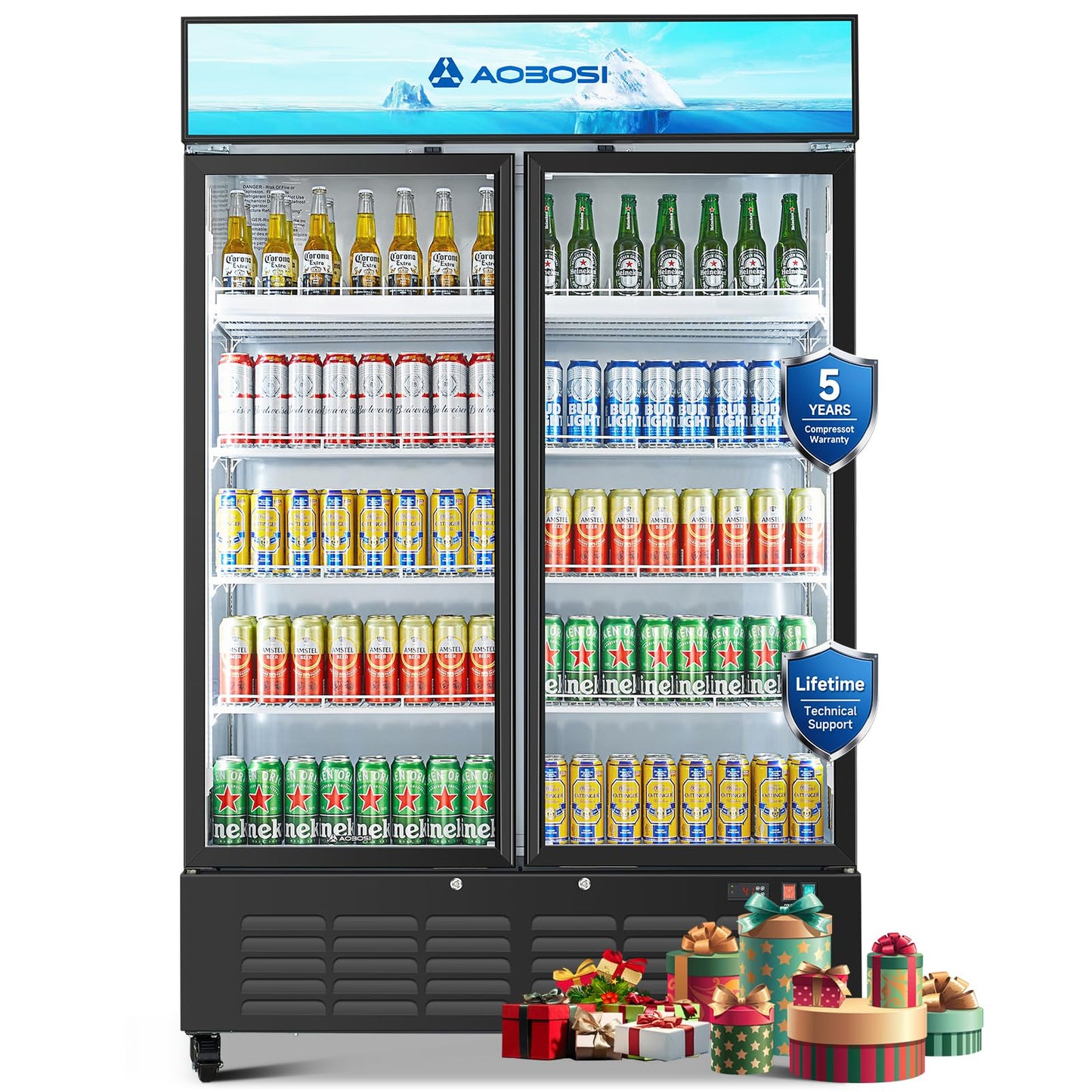 AAOBOSI 50" Wide Commercial Merchandiser Refrigerator,36.8 Cu.Ft Glass Door Display Refrigerator,Upright Beverage Fridge with Soft LED Light,Customizable Lightbox,Universal Casters, Adjustable Shelves