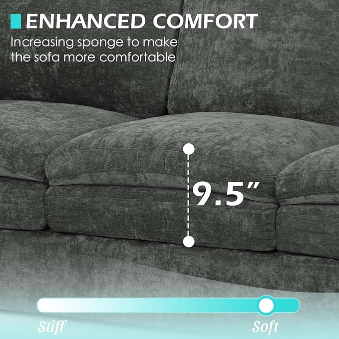 ACMEASE 89” Chenille Sofa w/Arm Pillows, Upholstered 3-Seater Sofa w/Comfortable Back Cushions, Modern 3 Seats Couch w/High-Density Foam for Living Room, Apartment, Office, Grey