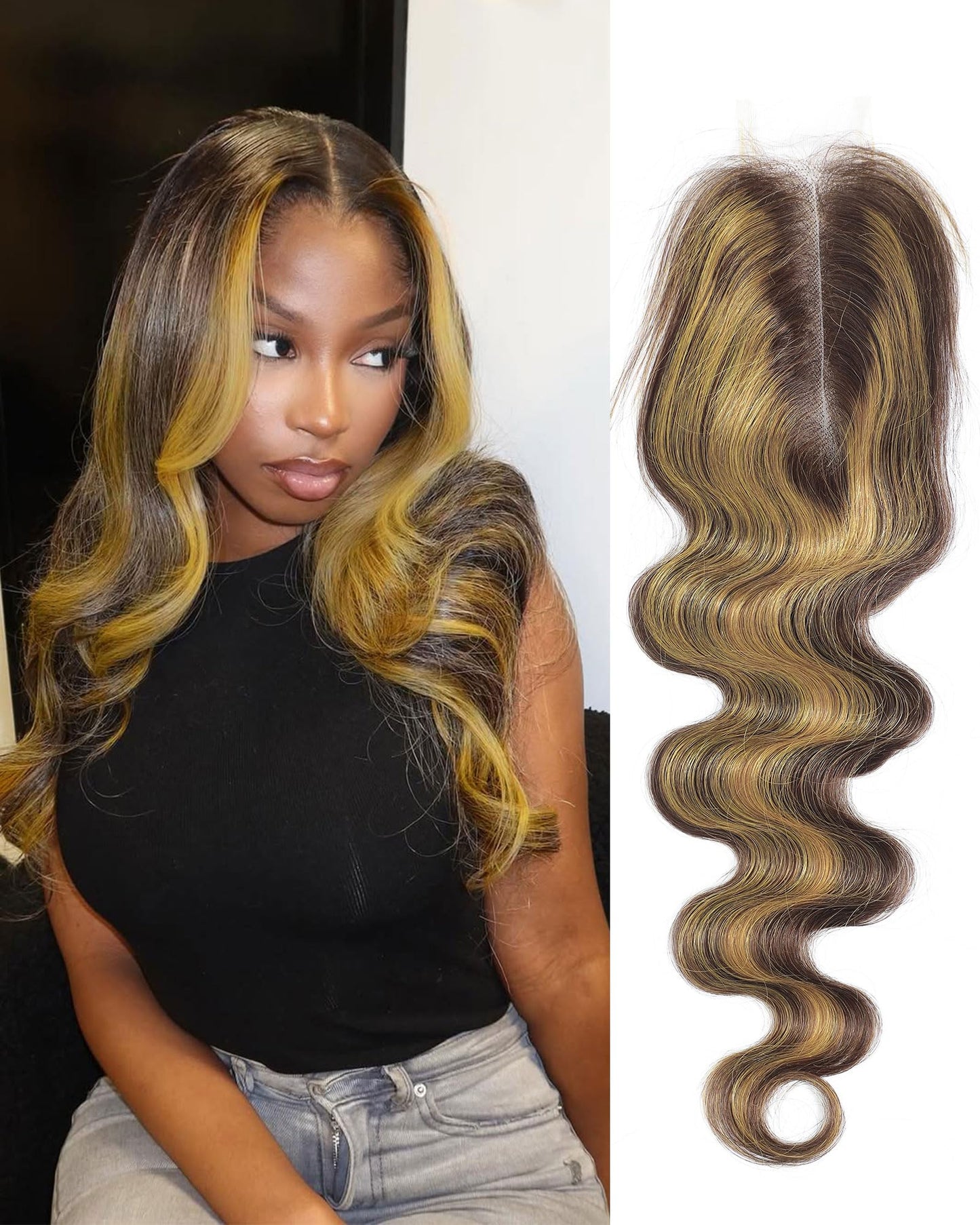 DSEKCAIN Highlight Yellow On Brown Color 2x6 HD Lace Closure Human Hair Body Wave Transparent Lace Closure 2x6 Long Middle Part