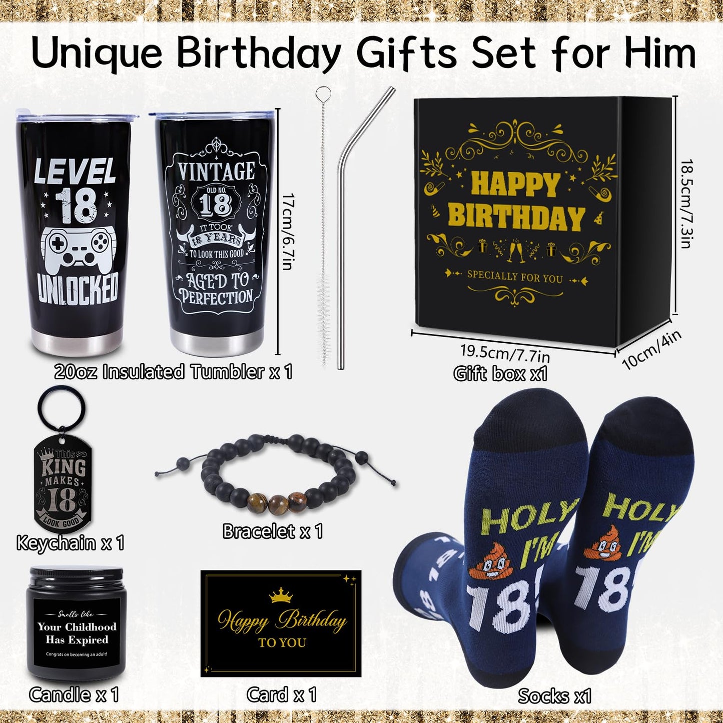 Keluna 18th Birthday Gifts for Boys - 6Pcs 18 Year Old Boy Birthday Gifts Ideas, 20oz Tumbler, Funny Socks, Keychain, Bracelets, Candles, 18th Presents for Son Grandson Nephew Brother from Mom Dad