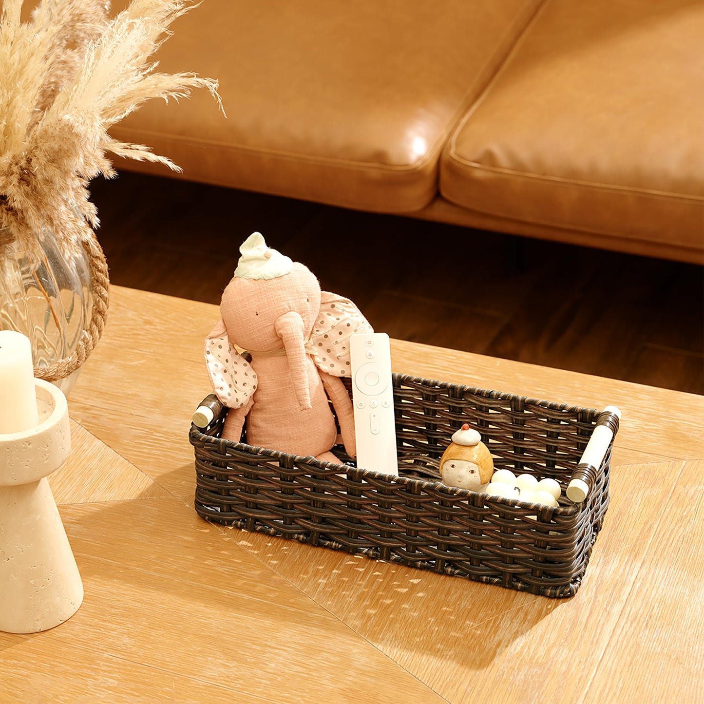 GRANNY SAYS Wicker Baskets for Shelves, Wicker Baskets for Storage, Waterproof Toilet Basket Tank Topper, Basket Organizer with Handle, Toilet Paper Basket for Back of Toilet, 14¼" x 6½" x 4¼", Brown