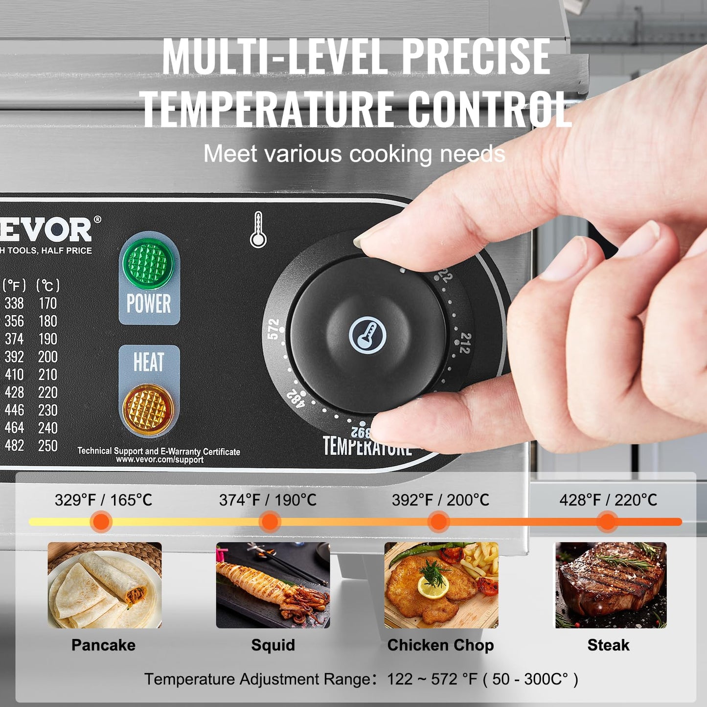 VEVOR Commercial Electric Griddle, 2800W Countertop Flat Top Grill, 122℉-572 ℉ Adjustable Temp, 29in Stainless Steel Griddle Grill with 2 Shovels and 2 Brushes for Home or Restaurant(110V No Plug)