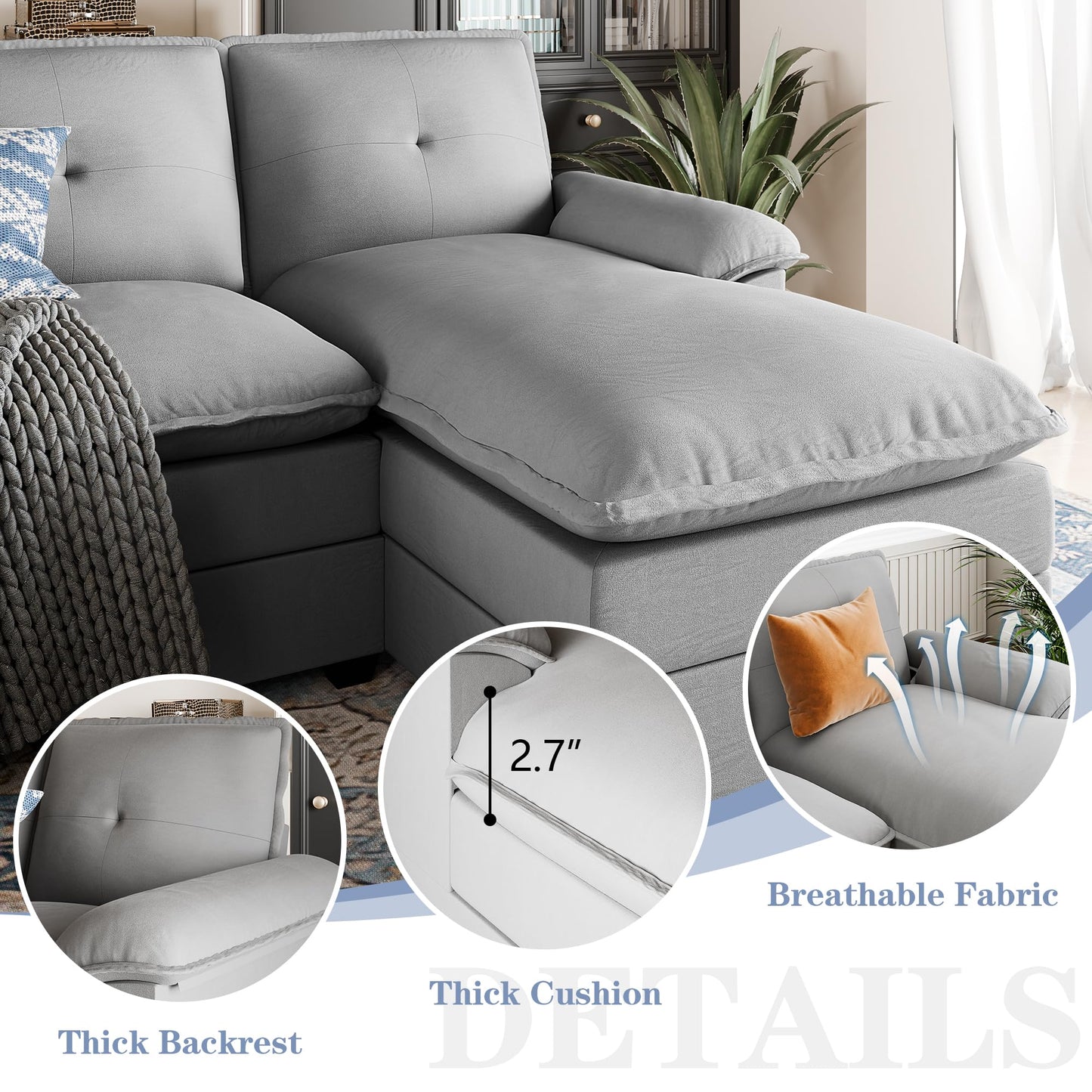 U Shaped Sectional Couch for Living Room,110" 4-Seater Comfy Couch with Double Chaise,Deep Seat Modular Sofa Couches with Thick Cushion & Soft Backrest,Light Grey