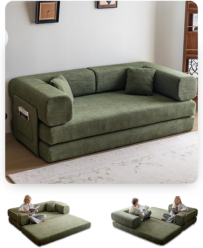 No Assembly Convertible Sofa Bed & 79" Boneless Couch with Pocket , 5-in-1 Futon Sofa Bed with 2 Pillows Modular Pull Out Couch Bed with Frame,Compression in Box for Living Room Small Spaces Green