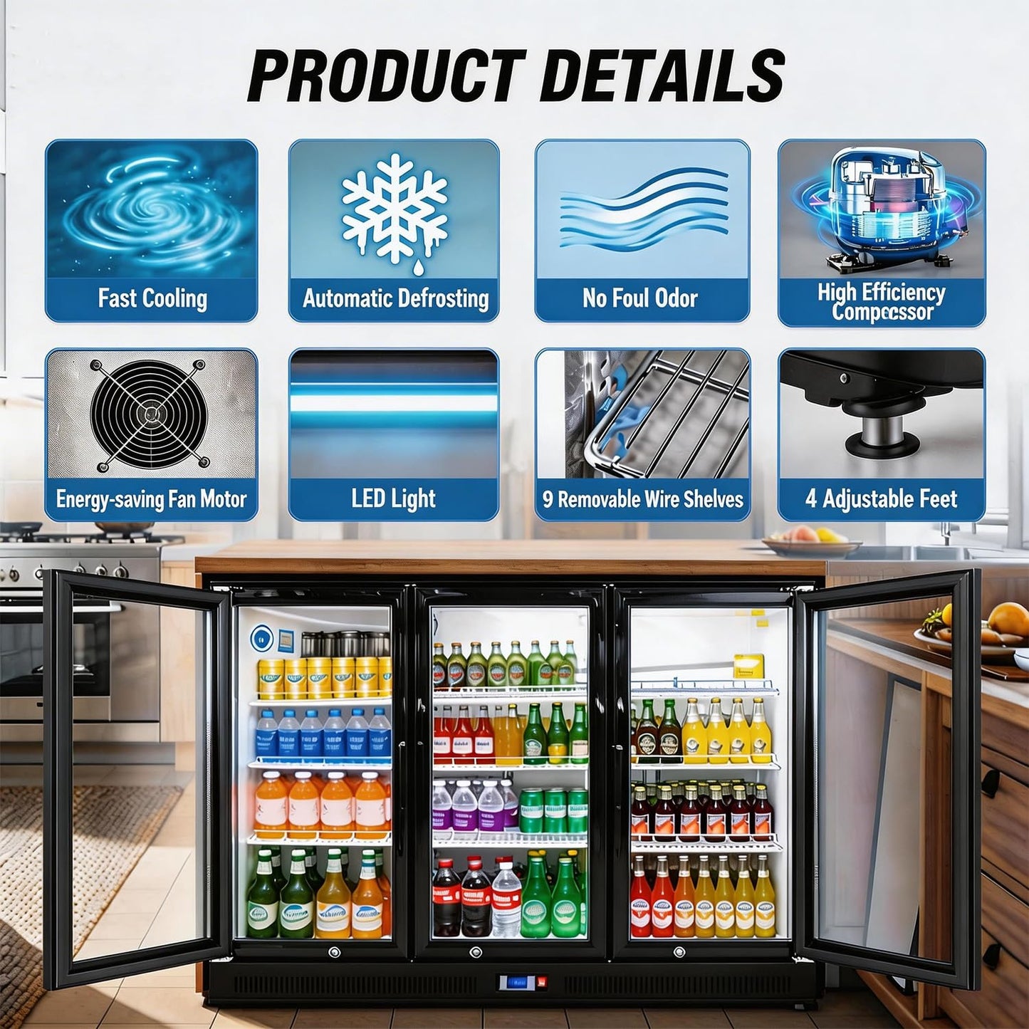NAFCOOL Back Bar Cooler Under Counter Beverage Refrigerator, 13 Cu Ft Undercounter Fridge,3 Door 53.5 inch Commercial Beer Built-In Cooler with LED Light Adjustable Shelves Safety Locks,ETL Approval