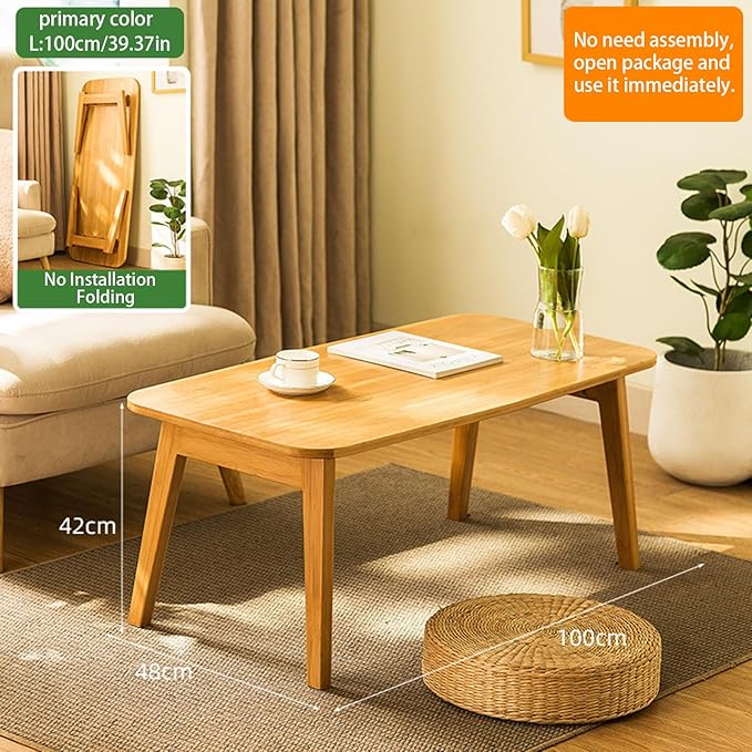 Baveke Coffee Table Foldable Mid Century Desk TV Stand with Open Storage Shelf Center Table for Living Room Furniture RV No Assembly, Natural (39.37IN)