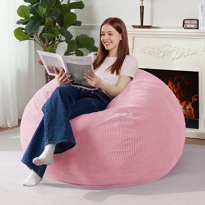 Homguava 4FT Bean Bag Chair for Adults,Teardrop Bean Bags Big Beanbag Chair with Memory Foam Filled and Ultra Soft Removable Corduroy Cover for Living Room, Bedroom (Light Pink)