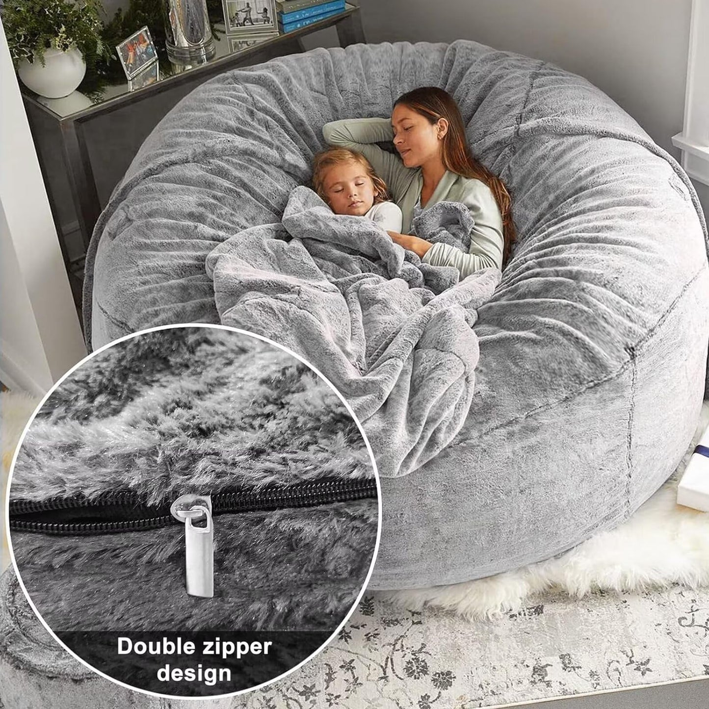 BCU 6FT Bean Bag Chair for Adults and Kids Without Filler Giant Stuffed Animal Storage Cover Soft Faux Fur Floor Chair Cover for Bedroom Living Room, Grey