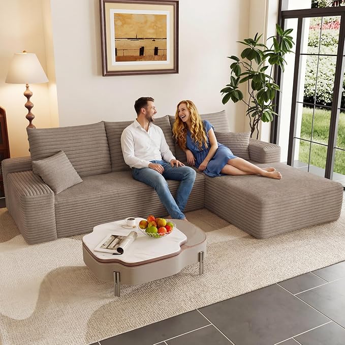 95" Cloud Sectional Couch with L-Shape Chaise, Modern Corduroy Boneless Couch for Living Room,Memory Foam Sofa with Deep Seat,No Assembly Required (Dark Camel,Right-Facing Chaise)