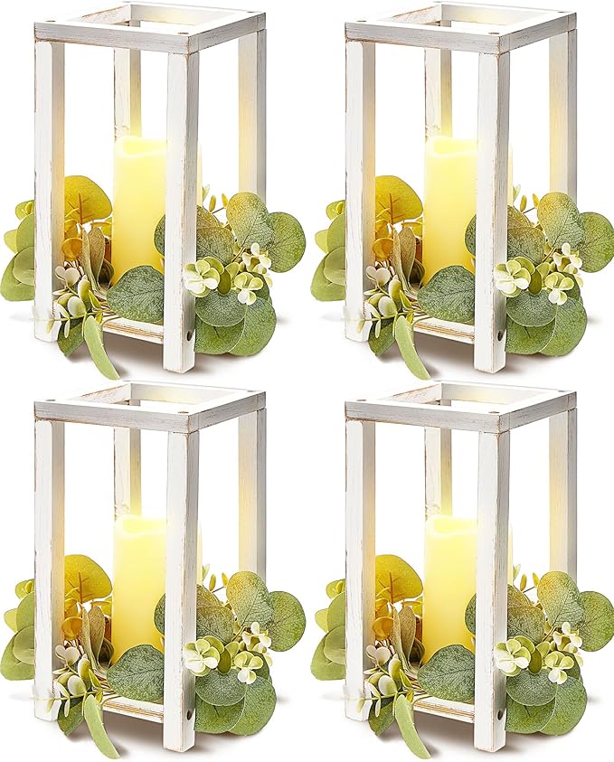 Huquary 8 Pcs Wooden Wedding Lantern Centerpiece for Table Decoration Includes 4 Farmhouse Candle Holder and 4 Flameless D...