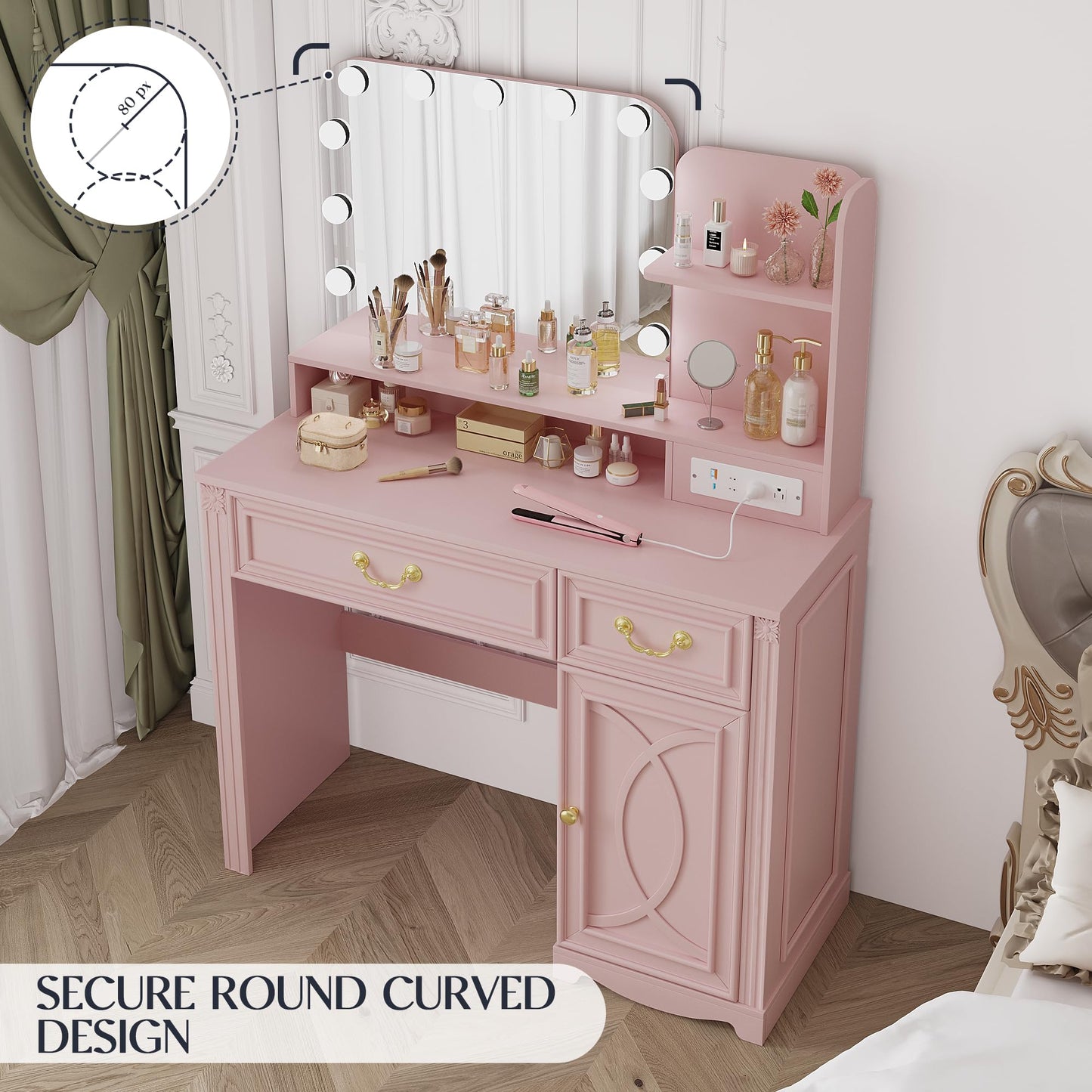 Lareth Makeup Vanity Desk with Lighted Mirror, 39.4 inch Vanity Table with Power Outlet, Bedroom Dressing Table, Adjustable Lights & 1 Cabinet 2 Drawers, Gifts for Teen Girls Women, Light Pink