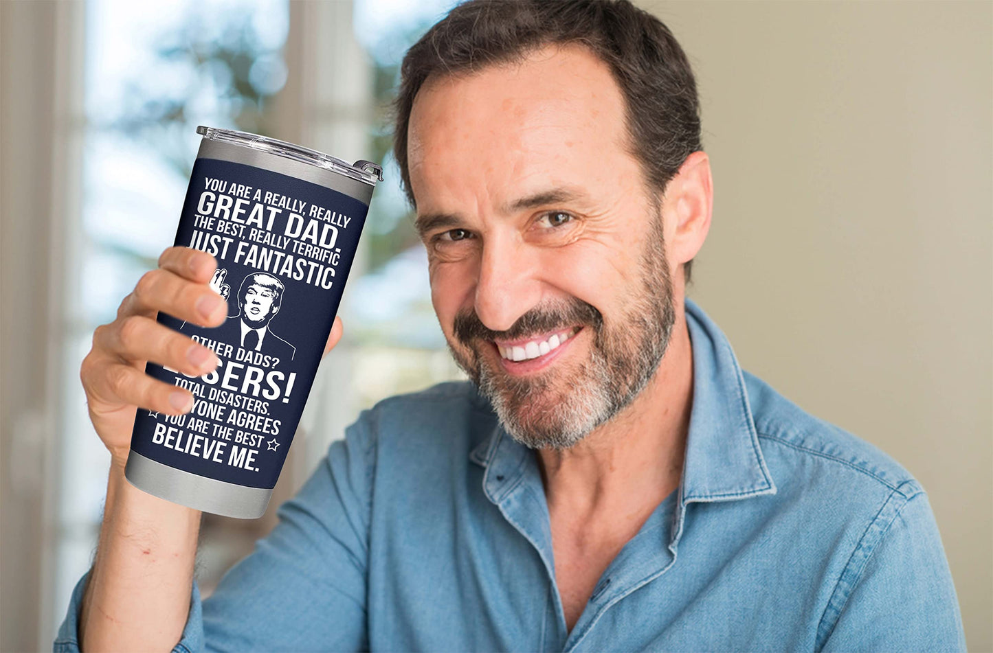 BETHEGIFT Gifts for Dad from Daughter, Son, Kids on Fathers Day, Christmas - Funny Fathers Day Tumbler - Present for Father - Dad Birthday Tumbler 20oz, Navy Insulated Stainless Steel