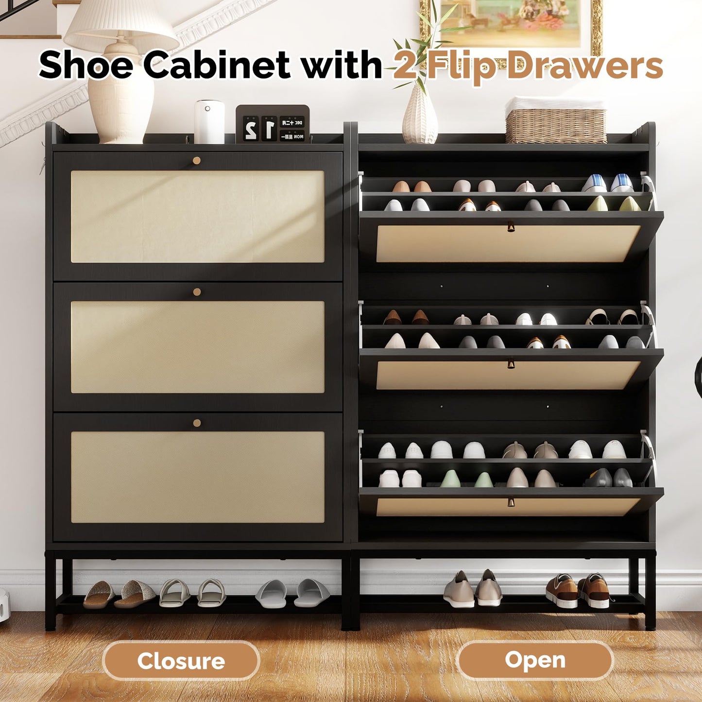 Aivermeil Slim Entryway Shoe Storage Cabinet with 2 Flip Drawers, Modern Freestanding Shoes Organizer Holds 16-20 Pairs, Closed Shoe Storage for Hallway, Foyer - Space-Saving Wood Shoe Rack
