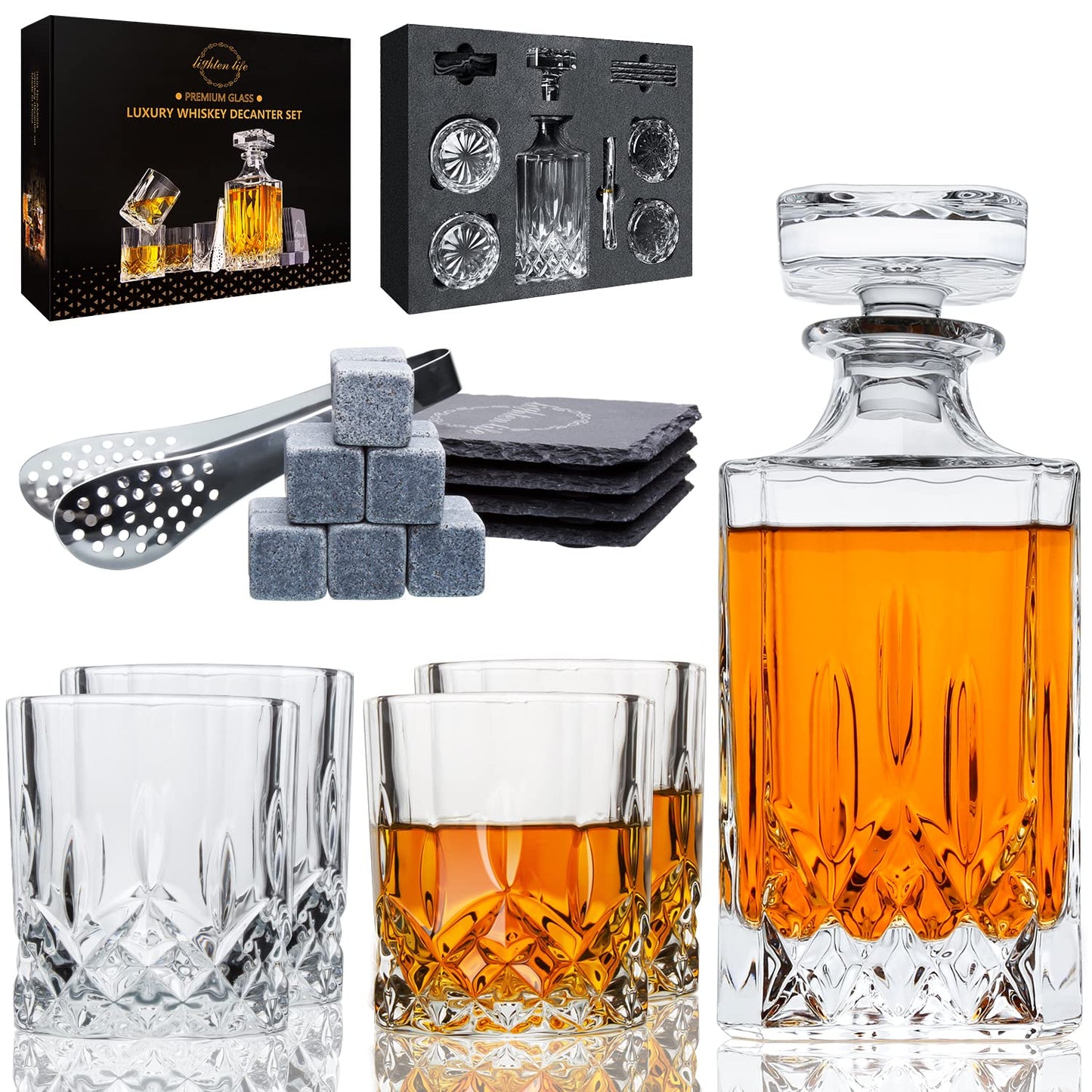 LIGHTEN LIFE Whiskey Decanter Set with Bar Accessories,Crystal Whiskey Decanter and Glass Set in Gift Box,Non-Lead Bourbon Decanter Set for Rum Scotch,Wedding Anniversary Birthday Gift for Men Him Dad
